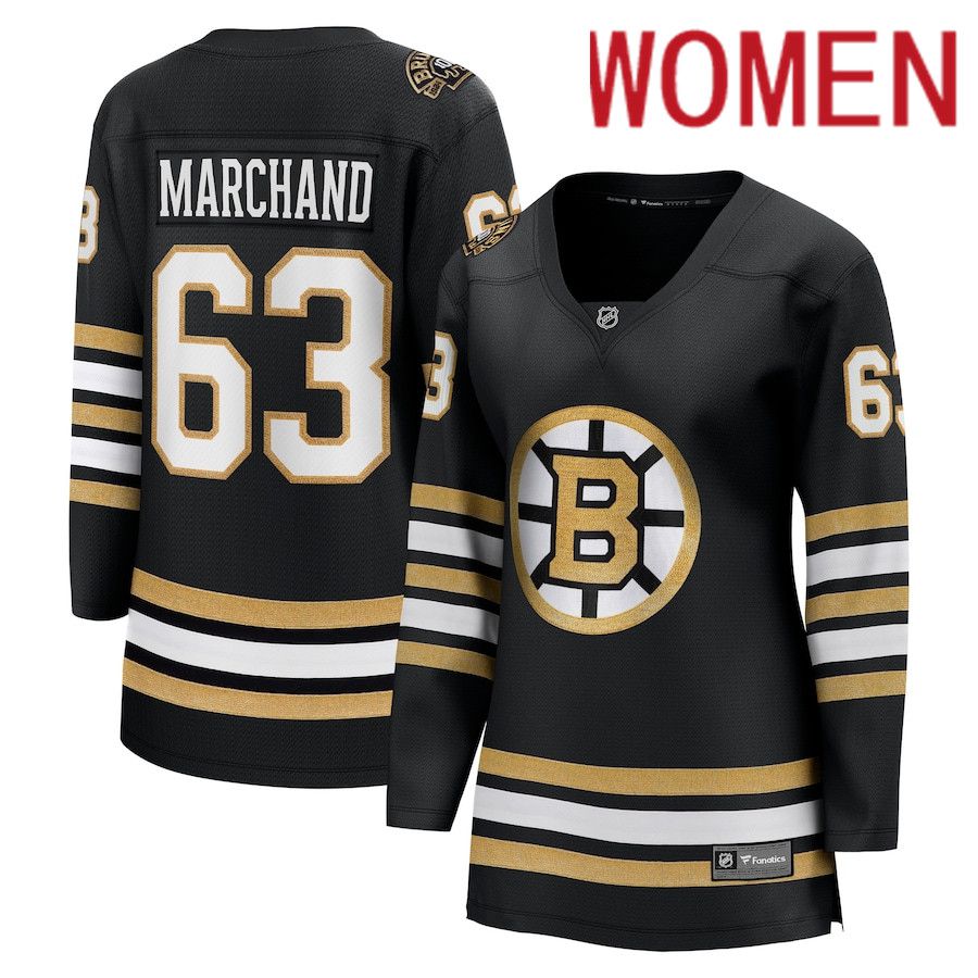 Women Boston Bruins 63 Brad Marchand Fanatics Branded Black 100th Anniversary Premier Breakaway Player NHL Jersey